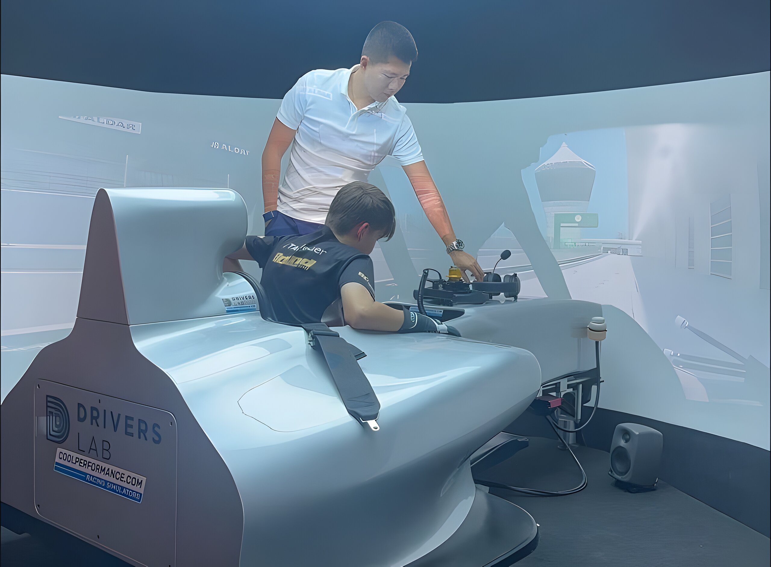 Climbing into the full-size Formula 4 simulator at Drivers Lab